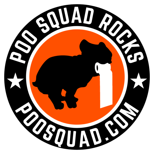 Black, white and orange Poo Squad Rocks Logo.